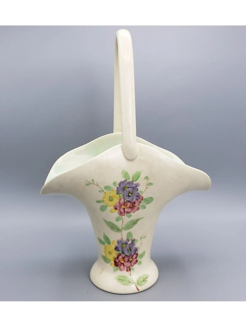 VTG E. Radford Pottery Flower Basket with Frog Hand Painted England Ceramic Vase